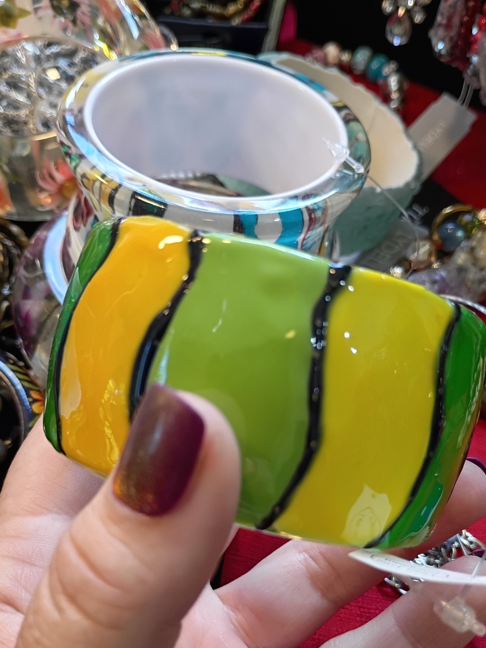 Hand-Painted Green and Yellow Enamel Wide Cuff Bracelet